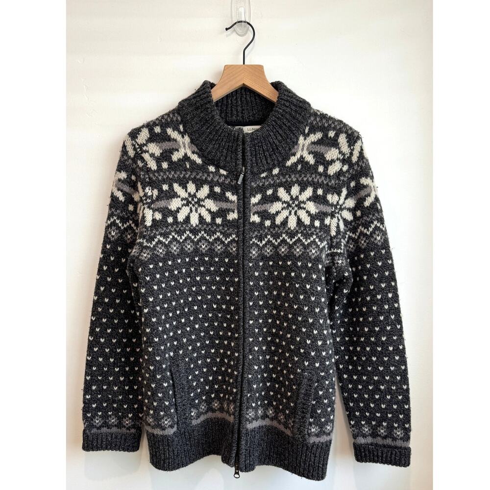 L.L. Bean Fair Isle Zip Cardigan Sweater Women’s Large Grey 100% Wool